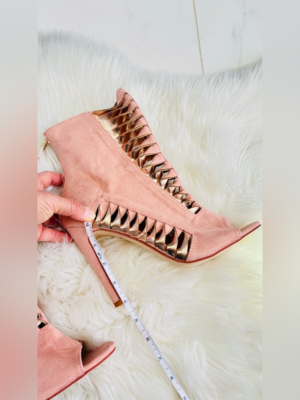 Cape Robbin Rose Gold & Pink Suede Cutout Metallic Peep-Toe Stiletto Booties NEW - Picture 11 of 16